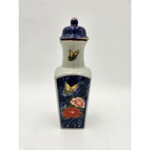 Vintage Japanese Square Bottle Decanter With Lid Butterfly Flowers Blue Gray